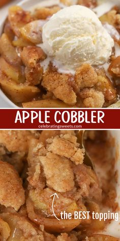 Overhead view of baked Apple Cobbler with a scoop of vanilla ice cream on top. Homemade Apple Cobbler, Apple Cobbler Easy, Apple Cobbler Recipe, Cobbler Easy, Cobbler Topping, Apple Recipes Easy, Apple Cobbler, Fruit Cobbler