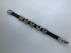 "Vintage 7.75\" Bracelet  Black Leather With Silver Toned Rounds Squares And Black Enamel Used"