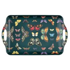 a green tray with butterflies on the front and bottom, in various shapes and sizes