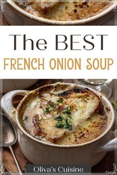 the best french onion soup in a white bowl