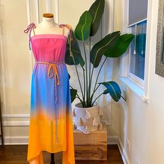 Beautiful Pink, Blue, And Yellow Ombr Dress With Multi-Colored Braided Belt And Straps. Asymmetrical Cut. Bodice Is Lined And Ends Above Knees For A Sheer Skirt. Nwt. Blue And Yellow Dress, Yellow Dresses, Yellow Ombre, Asymmetrical Cut, Ombre Dress, Pink Doll, Sheer Skirt, Ankle Length Dress, Pink Blue Yellow