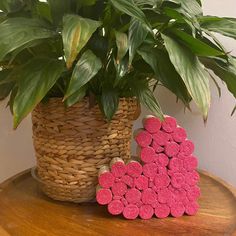 a potted plant sitting on top of a wooden table next to a pile of wine corks