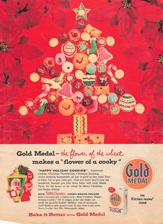 an advertisement for gold medal's christmas tree with cookies and candies on it