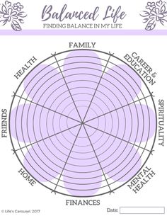 the balance wheel is shown in purple and white with words above it that read balanced life