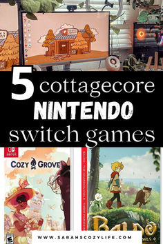 five nintendo switch games with text overlay that reads 5 cottagecore nintendo switch games