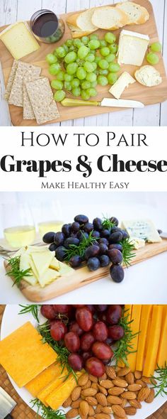 grapes and cheese on a cutting board with nuts