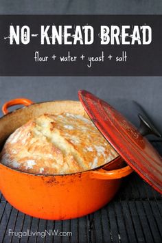 no knead bread in an orange pot on a grill with the words, flour and water yeast salt