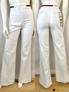 "Vintage 70's Deadstock, Maverick, White, High Waisted, Bell Bottom, Pants (XXS, XS, S, M) These 1970's Ladies bell bottom pants come in white cotton/polyester blend and are high waisted with a front zipper and single button closure and have a bell bottom flare leg with a pressed seam. 65% Polyester 35% Cotton Made in USA *These pants are deadstock and unworn with tags attached. Size: (XXS/XS/S/M) Modern Day 00/0/2/4/6 (Tag Size: 3, 5, 7, 9, 11) Waist: 22, 23, 25, 26\" (on your actual waist) Hip Cotton Fitted High-waisted Flare Jeans, Fitted High-waisted Cotton Flare Jeans, White Fitted Flare Bottoms, Fitted White Flare Bottoms, White Stretch Flare Jeans For Summer, Summer Stretch White Flare Jeans, White Wide Leg Flares For Spring, Retro Fitted Straight Leg Flares, Retro Fitted Full-length Flare Jeans