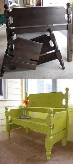 two pictures of an old wooden bench in different stages of being used as a bed