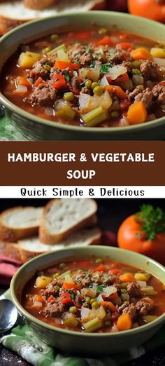 two pictures of hamburger and vegetable soup with bread