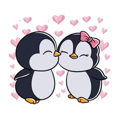 two little penguins kissing each other with hearts in the background and one penguin is wearing a pink bow