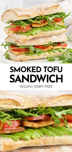 two sandwiches stacked on top of each other with the words smoked tofu sandwich vegan dairy