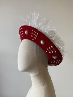 Men's red velveteen Tudor/Henrician bonnet, made to order. This hat features a sturdy buckram brim and comes with the trimming similar to the one seen in the photograph. The hat is made from a lovely rich red cotton velveteen, and lined with cotton. Trim options include pearls and brooches, plus a choice of white or coloured feathers, echoing the hats worn by Henry VIII in portraits from the period. Each hat is custom made to your specified head size. I don't keep ready-made stock of these, but Red Brimmed Costume Hat For Festival, Red Brimmed Festival Costume Hats And Headpieces, Red Curved Brim Costume Hat For Festivals, Vintage Ceremonial Costume Hat With High Crown, Red Brimmed Costume Hats And Headpieces For Festivals, Red Brimmed Festival Costume Hat, Red Costume Hat With Curved Brim For Festival, Red Costume Hat, Red Brimmed Hat For Costume