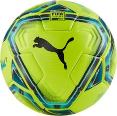 a soccer ball that is yellow and blue with a black cat on the front of it