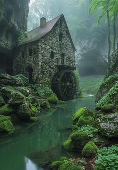 an old stone house in the woods with moss growing on it's rocks and water