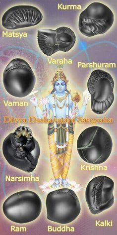 the seven avatars of lord rama in different poses, including his head and hands