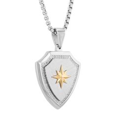 1/2ctw diamond stainless steel and 10K gold star shield pendant. Includes a 24-inch stainless steel link chain necklace with lobster claw closure. Silver Star Of David Jewelry Tarnish Resistant, Silver Star Of David Necklace Tarnish Resistant, Stainless Steel Necklace With Star Charm For Gift, Gold Star-shaped Diamond Necklace Gift, Star-shaped Stainless Steel Necklace For Gift, Yellow Gold Star-shaped Cubic Zirconia Necklace, Celestial Star-shaped Nickel-free Necklaces, Chain Link Necklace, Gold Stars