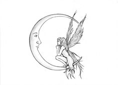 a black and white drawing of a fairy sitting on the moon