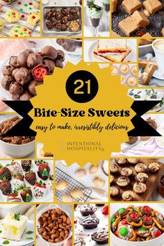 Variety of bite-size sweets, from chocolate-covered strawberries to nut clusters, lemon bars and more.