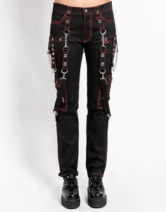 Rocker Style Pants With Belt Loops For Concerts, Rocker Pants With Belt Loops For Concerts, Emo Streetwear Pants With Belt Loops, Rocker Bottoms With Rivets For Alternative Fashion, Gothic Pants With Rivets For Alternative Fashion, Emo Style Pants For Cosplay With Belt Loops, Emo Style Pants With Belt Loops For Cosplay, Gothic Red Bottoms For Alternative Fashion, Emo Bottoms With Belt Loops For Cosplay