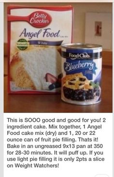 a can of cake mix next to a box of angel food on a wooden table