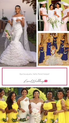 the bride and her bridal party are posing for pictures in their yellow gowns