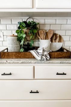 a kitchen counter with wooden utensils and potted plants on the top shelf