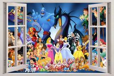 an open window with many cartoon characters on the wall and in front of it is a scene from disney's animated movie