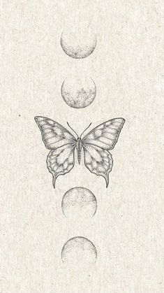 a drawing of a butterfly flying over the moon and half - moon phases in black ink