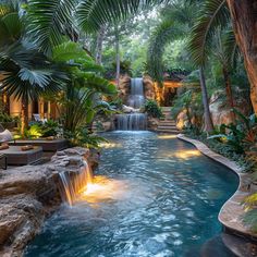 an outdoor swimming pool with waterfall and seating area surrounded by palm trees, water features and lights