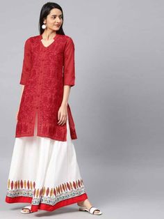 Design Kurta, Chikankari Embroidery, Red Kurta, Lucknowi Chikankari, Casual Work Wear, Designer Kurtis, Embroidery Cotton, Cotton Kurti, Cotton Kurta