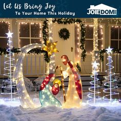 lighted christmas decorations in front of a house with the words let us bring joy to your home this holiday