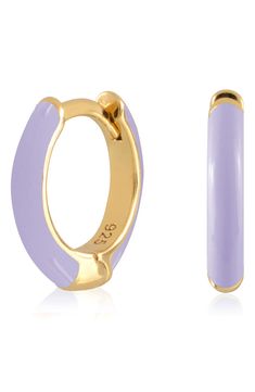 Easy-to-wear hoop earrings will add significant polish to even your most casual ensembles. 1/2" drop; 1/8" width Hinge with snap-post closure Sterling silver with goldtone plate/enamel Imported Trendy Enamel Hoop Jewelry, Everyday Enamel Hoop Earrings, Enamel Huggie Hoop Earrings For Pierced Ears, Gold Enamel Hoop Huggie Earrings, Trendy Round Enamel Hoop Earrings, Enamel Huggie Hoop Earrings, Small Hoop Enamel Earrings, Nickel-free Enamel Hoop Earrings, Hoop Huggie Earrings In Enamel