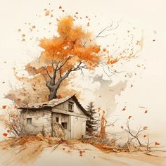 a painting of an old house in the fall with trees and leaves falling from it