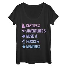 Add a little Disney magic to your day with a fun Disney Princess Women's Scoop Neck T-Shirt! Celebrate all of your favorites with Princess designs like Ariel, Belle, Pocahontas, Mulan, Jasmine, Tiana, Snow White, Merida, Rapunzel, Aurora, and Cinderella! Size: small. Color: black. Gender: female. Age Group: adult. Pattern: Fictitious Character. Material: Cotton. Aurora And Cinderella, Unique Fits, Scoop Neck Tee, Disney Princesses, Disney Shirts, Slim Fit Shorts, Mulan, Disney Magic, Direct To Garment Printer