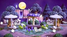 an animated scene with mushrooms, trees and flowers in the middle of a purple landscape