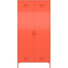 an orange metal locker with two doors