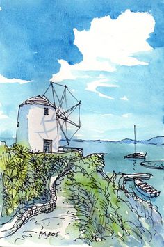 a watercolor painting of a windmill near the ocean