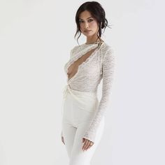 Long Sleeve Lace Cutout Cardigan Top Party Outfits Dress, Long Sleeve Lace Top, Statement Tops, Chic Pants, Lace Trim Top, Lace Cutout, Dress Tops, Lace Decor, Outfits Dress