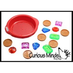 This themed sand toy kit includes jumbo gems, coins and a very study sand sifter. Bury the treasures in your sensory bin, sand table or sandbox and kids can dig or sift the play sand to find the buried treasure! The jewels and coins are thick and durable, and can be used in water tables or swimming pools as dive toys! Includes: One 6" x 7" x 1.25" thick plastic sand sifter toy (color varies from red, blue and yellow) This is a very thick and durable sand sifter that will last, and is strong enou Daycare Projects, Kids Sandbox, Discovery Bottles, Water Tables, Buried Treasure, Sand Toys, Sand Table, Kinetic Sand, Busy Bags