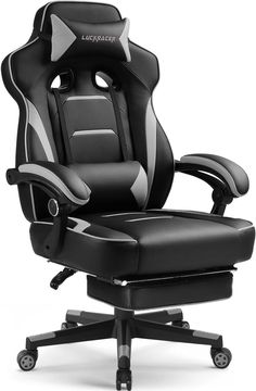 a black and white office chair with wheels