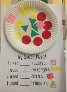 a paper plate with some shapes on it next to a sign that says my shape pizza