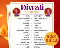 the diwali list is displayed in front of an orange background with red and yellow designs