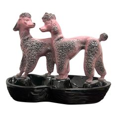 two pink poodles sitting on top of a black bowl in front of a white background