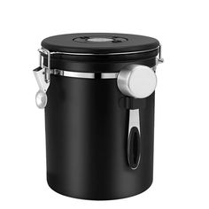 a black and silver trash can on a white background with the lid open to reveal a button