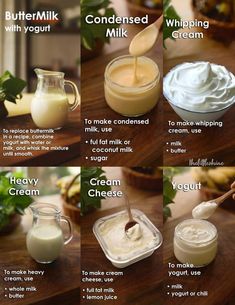 the steps to making homemade whipped cream are shown in different stages, including milk and yogurt