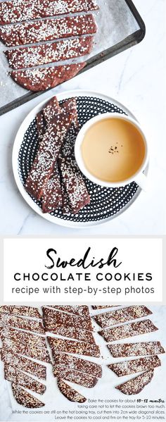 chocolate cookies with sprinkles on a plate next to a cup of coffee