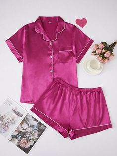 Plus Size Imitation Silk Contrast Piping Pajama Set Hot Pink Elegant    Plain Short Sets Non-Stretch All Women Plus Sleep and Lounge, size features are:Bust: ,Length: ,Sleeve Length: Silk Pjs, Satin Pajama Set, Pyjama Satin, Cute Pjs, Cute Sleepwear, Plus Size Pajamas, Satin Pajama, Pink Pajamas, Bright Fashion