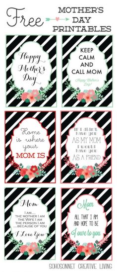 four mother's day printables with flowers and text on black and white stripes