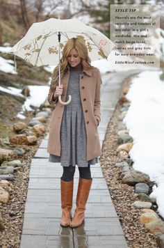 Rainy Day: coat + leather boots + tights + grey knit dress, would swap the turtleneck for a big scarf Anthropologie Boots, J Crew Coat, J Crew Boots, Snow Day Outfit, Hunter Boots Outfit, Workwear Chic, Grey Knit Dress, Fashionable Snow Boots, Winter Attire